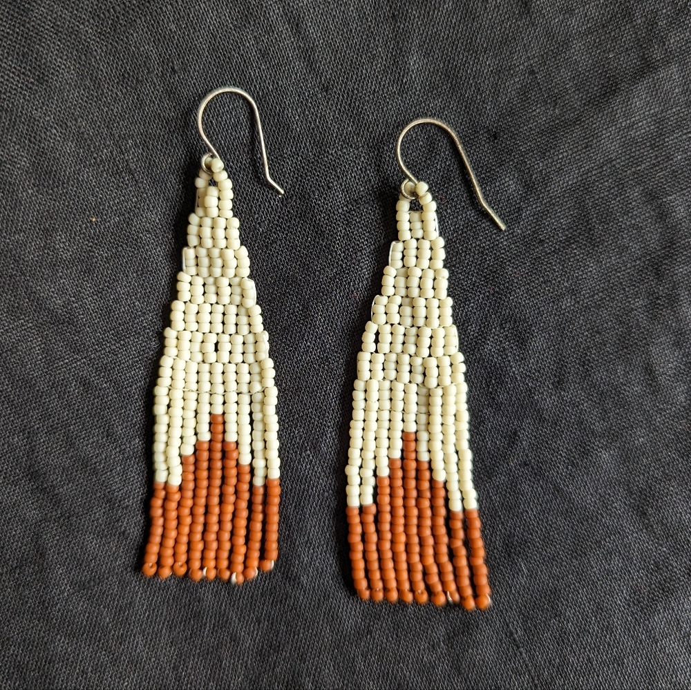 Cream & terra cotta hand woven glass seed beed fringe earrings